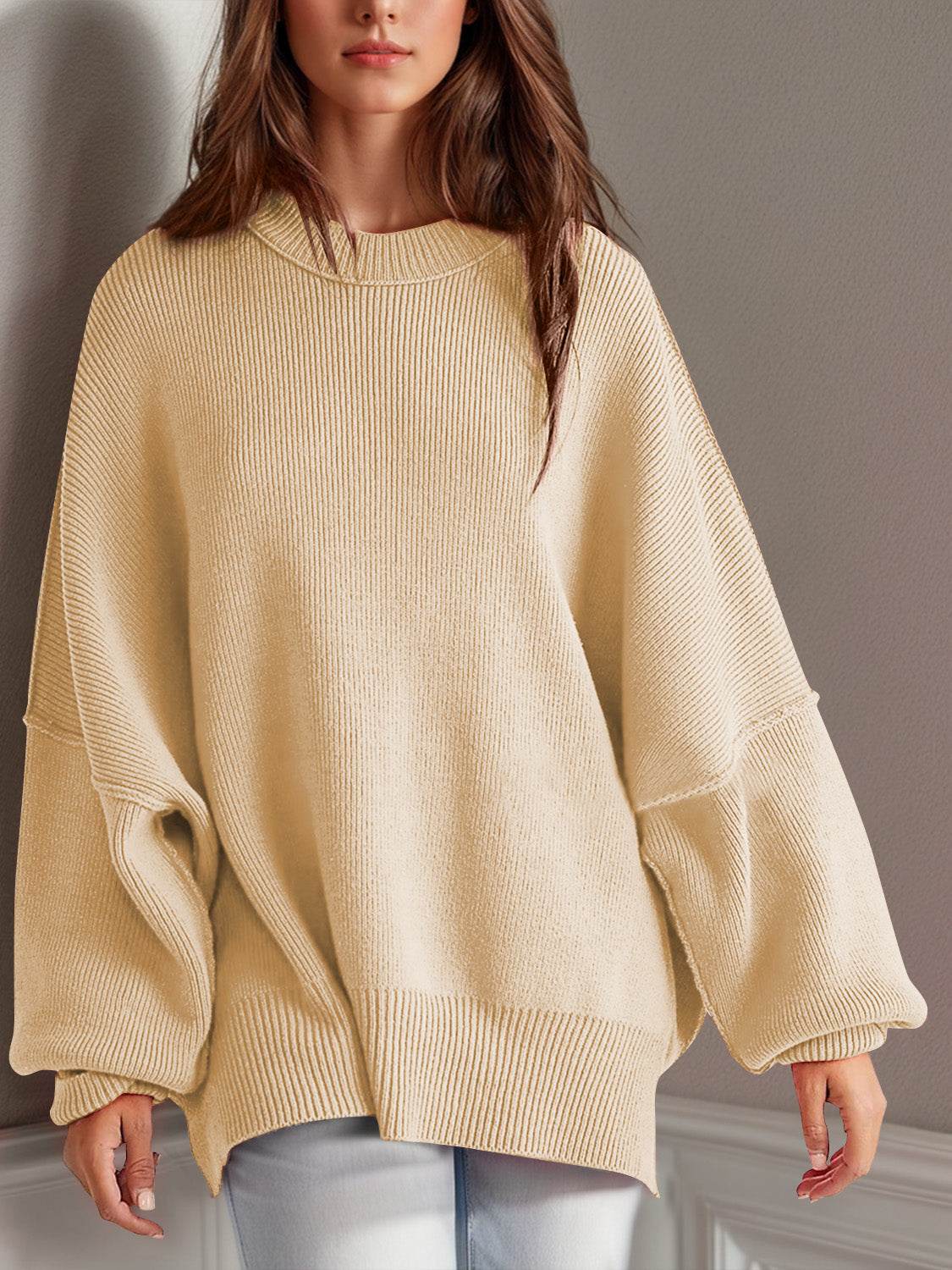 Double Take Side Slit Round Neck Long Sleeve Sweater - UnLaced Boutique