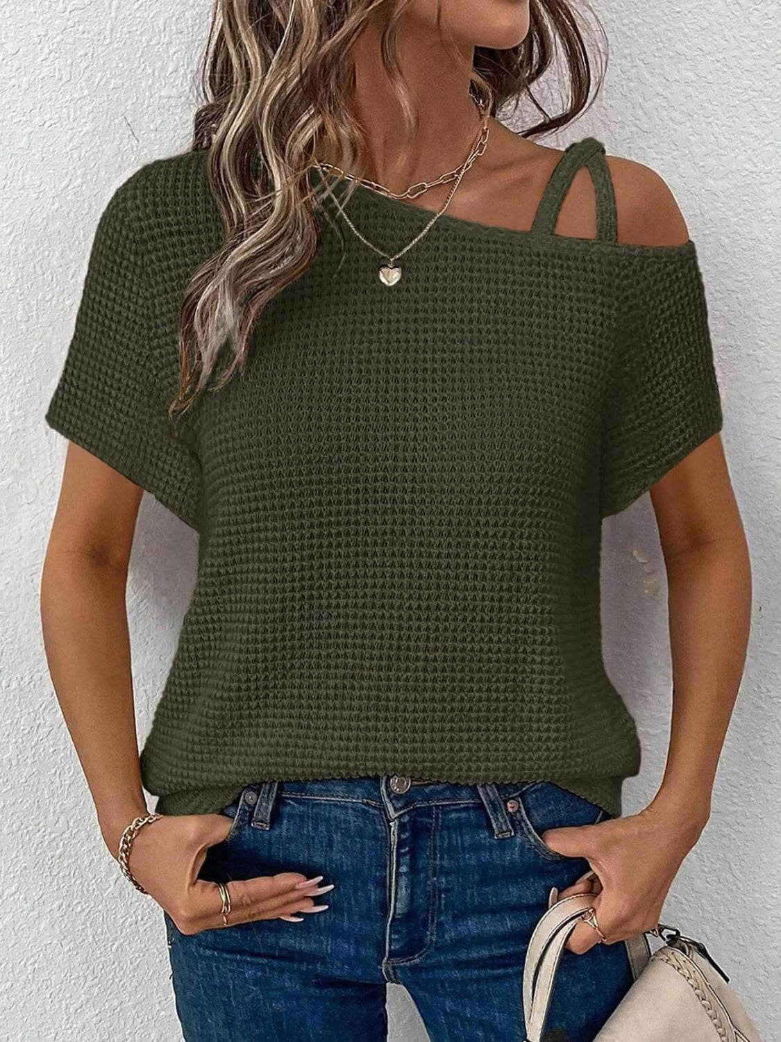 Asymmetrical Neck Short Sleeve T-Shirt - UnLaced Boutique