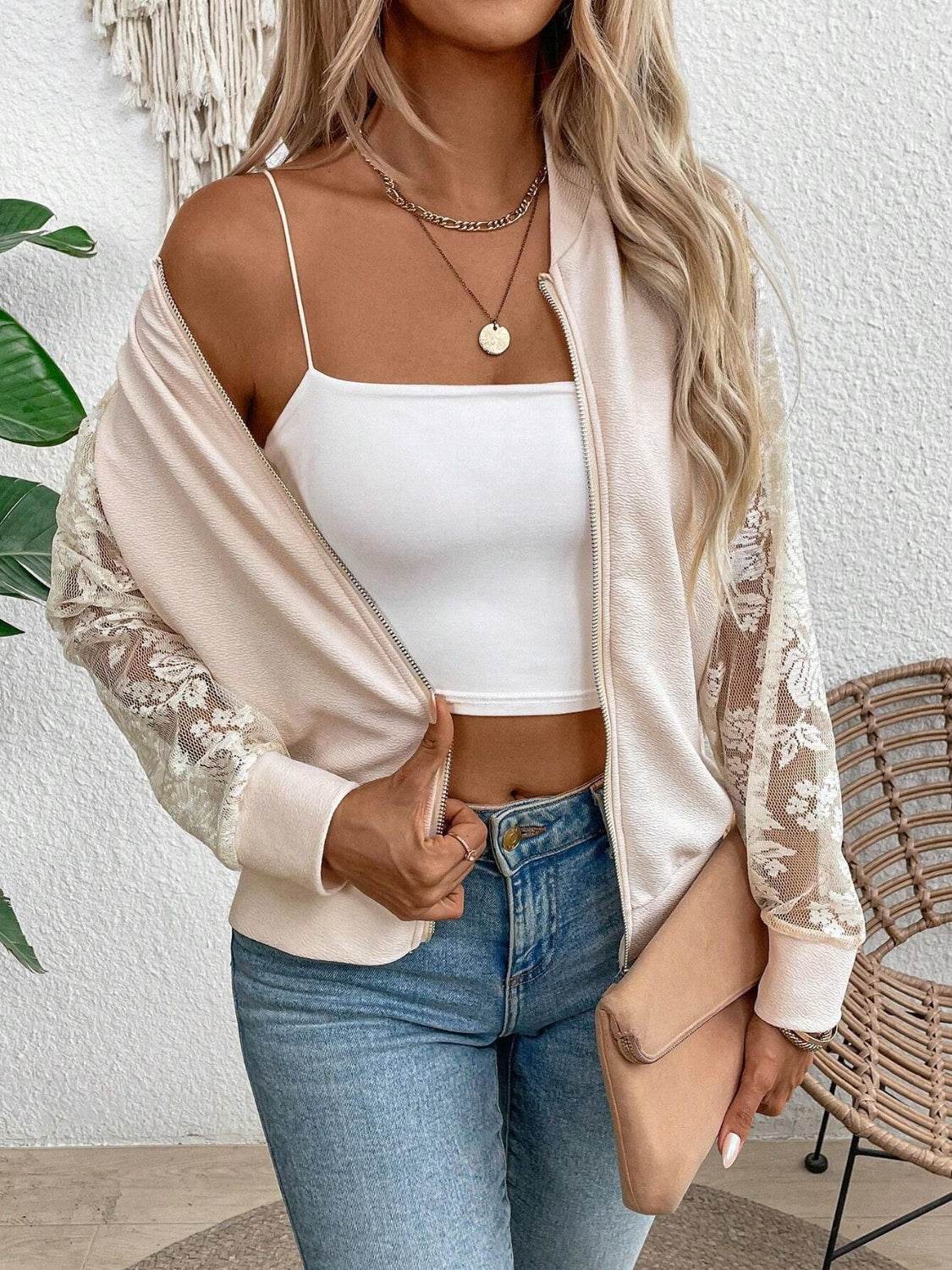 Lace Baseball Collar Zip Up Jacket - UnLaced Boutique