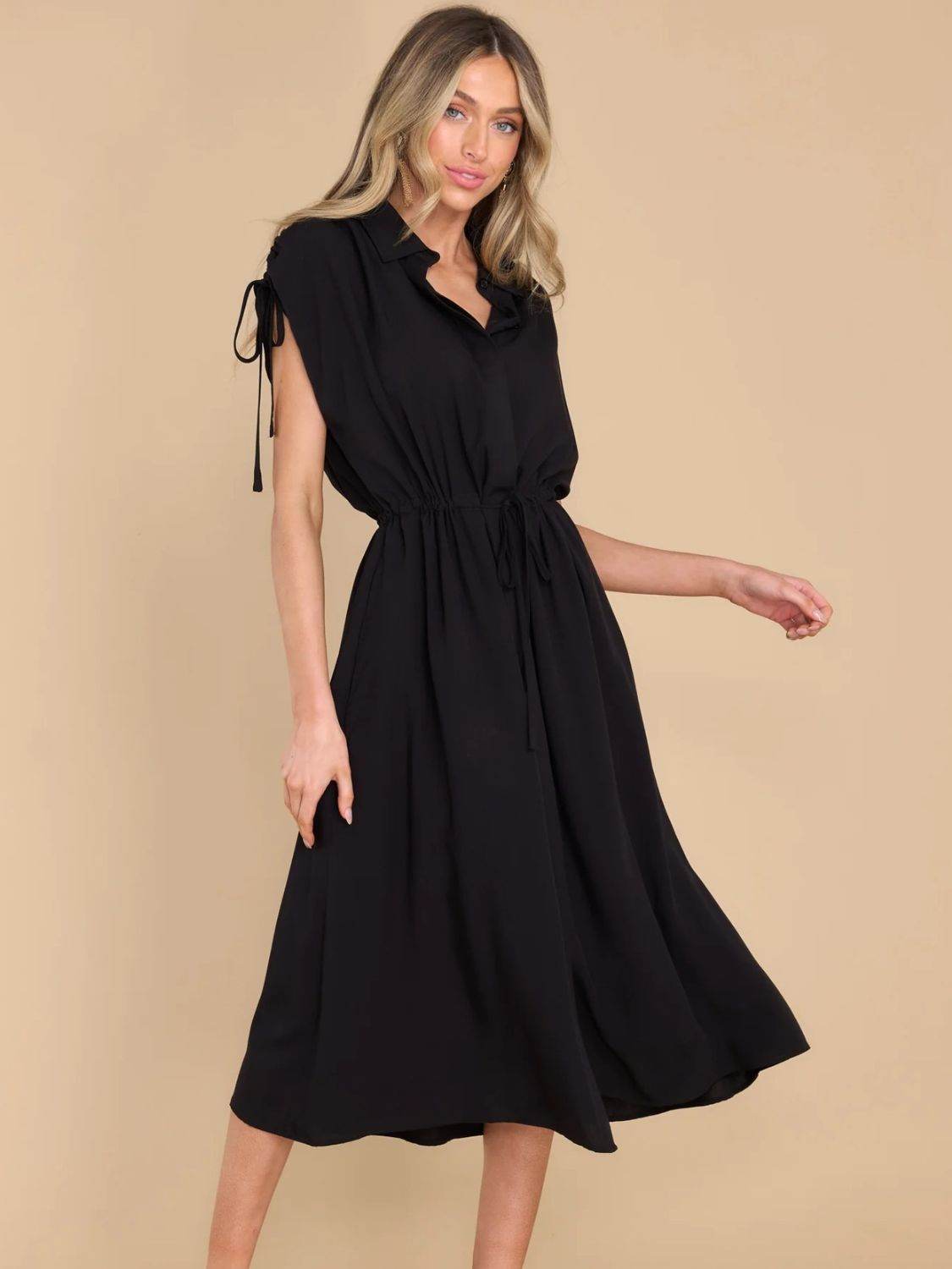 Drawstring Collared Neck Short Sleeve Midi Dress - UnLaced Boutique