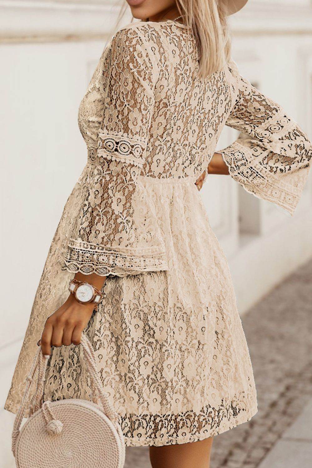 Lace V-Neck Three-Quarter Sleeve Dress - UnLaced Boutique