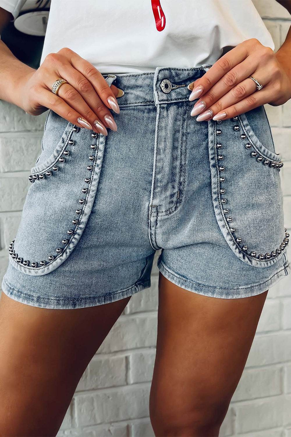 Studded Acid Wash Denim Shorts - UnLaced Boutique