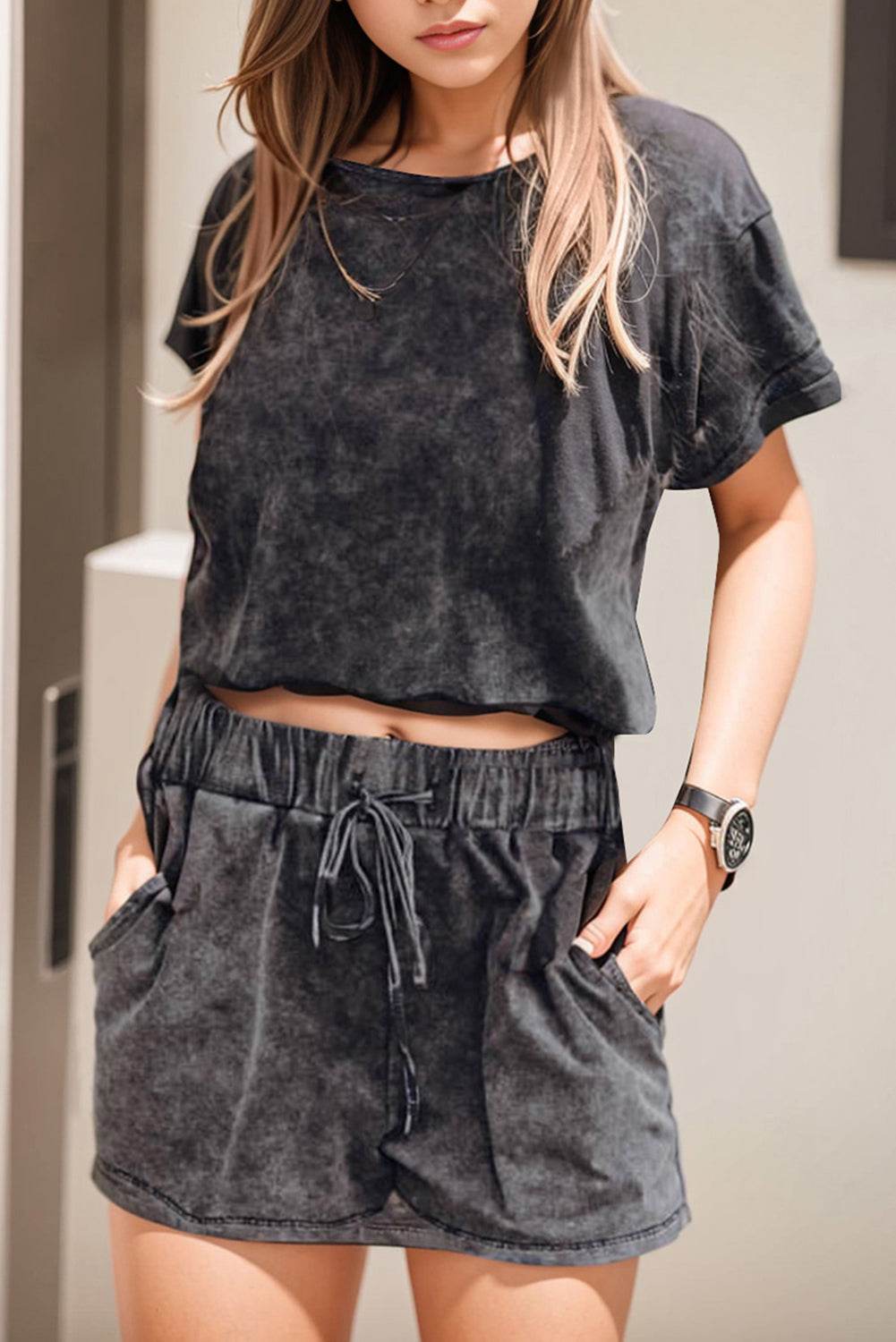 Heathered Round Neck Top and Shorts Lounge Set - UnLaced Boutique