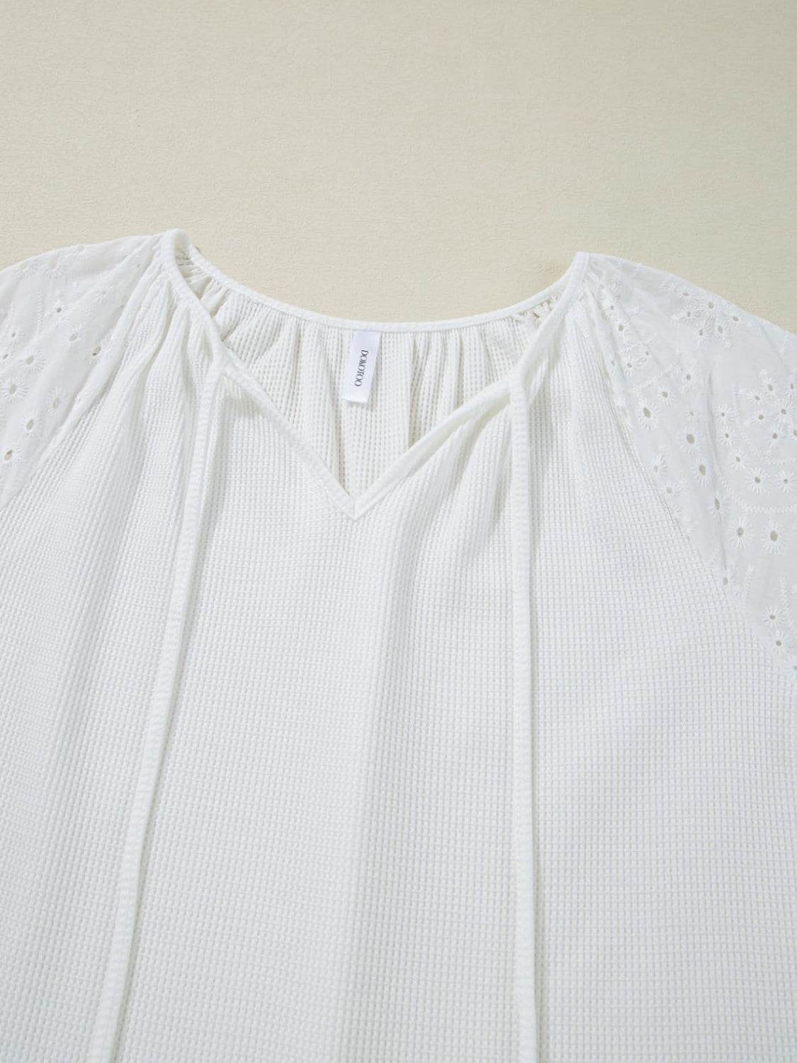 Eyelet Tie Neck Three-Quarter Sleeve Blouse - UnLaced Boutique