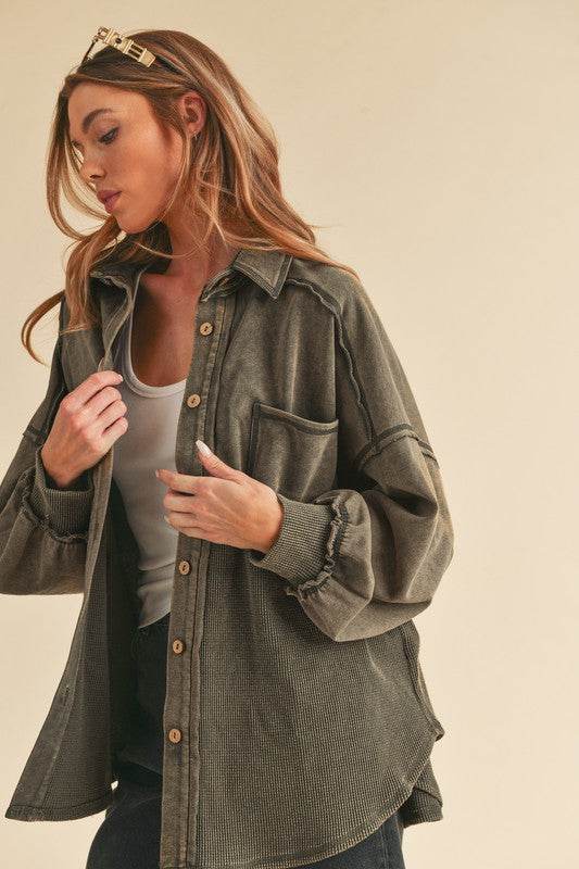 Aemi + Co Acid Washed Exposed Seam Button Up Jacket - UnLaced Boutique