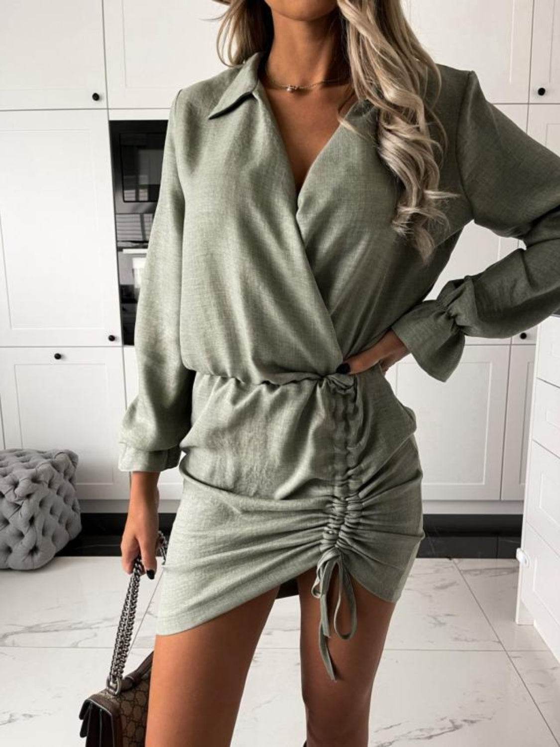 Drawstring Long Sleeve Mini Dress - UnLaced Boutique