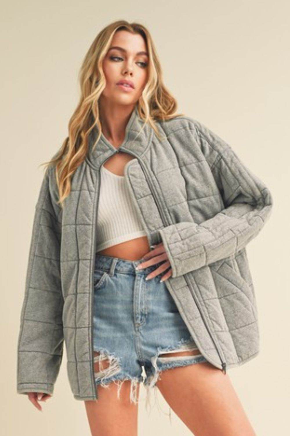 Aemi + Co Zip Up Drop Shoulder Quilted Washed Jacket - UnLaced Boutique