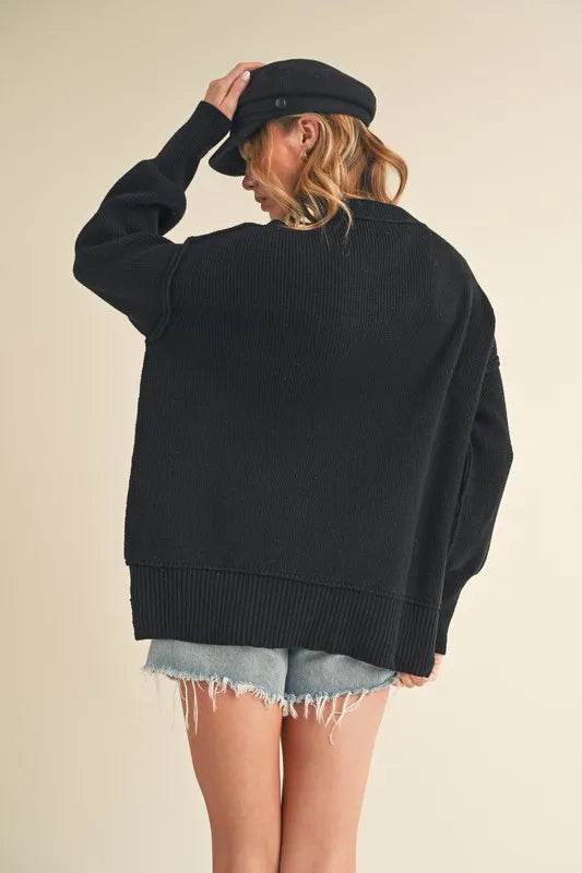Aemi+Co Ribbed Hem Side Slit Round Neck Sweater - UnLaced Boutique