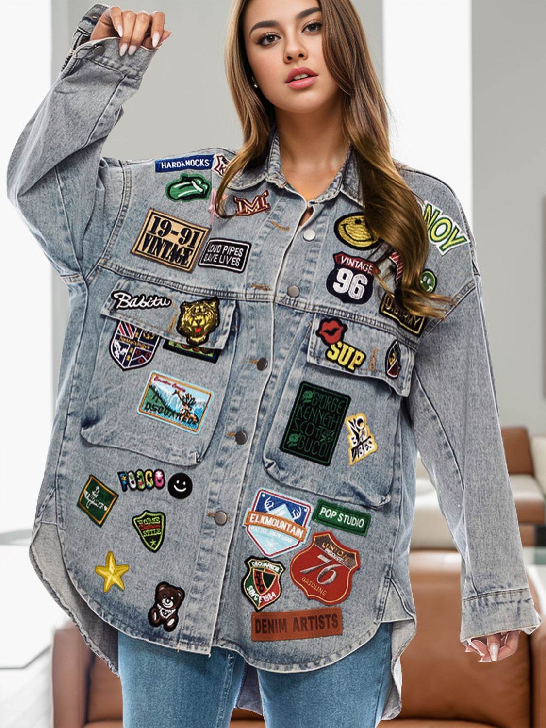 Embroidered Patch Button Up Long Sleeve Denim Jacket - UnLaced Boutique