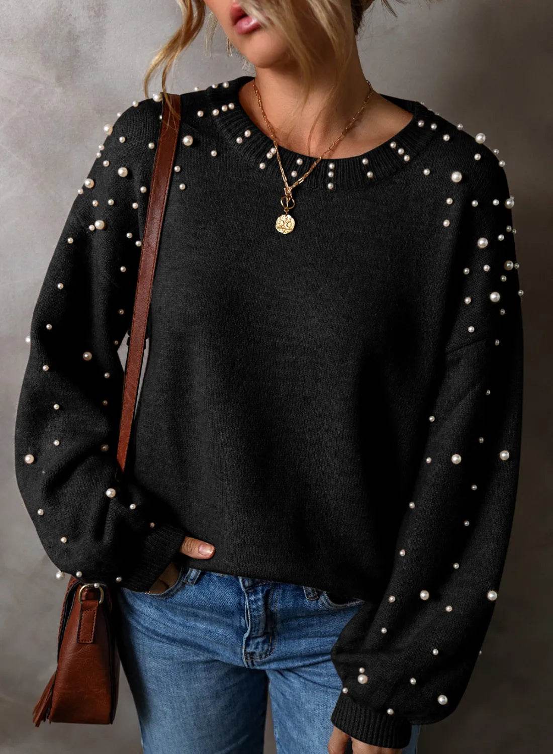 Pearl Detail Round Neck Long Sleeve Sweater - UnLaced Boutique