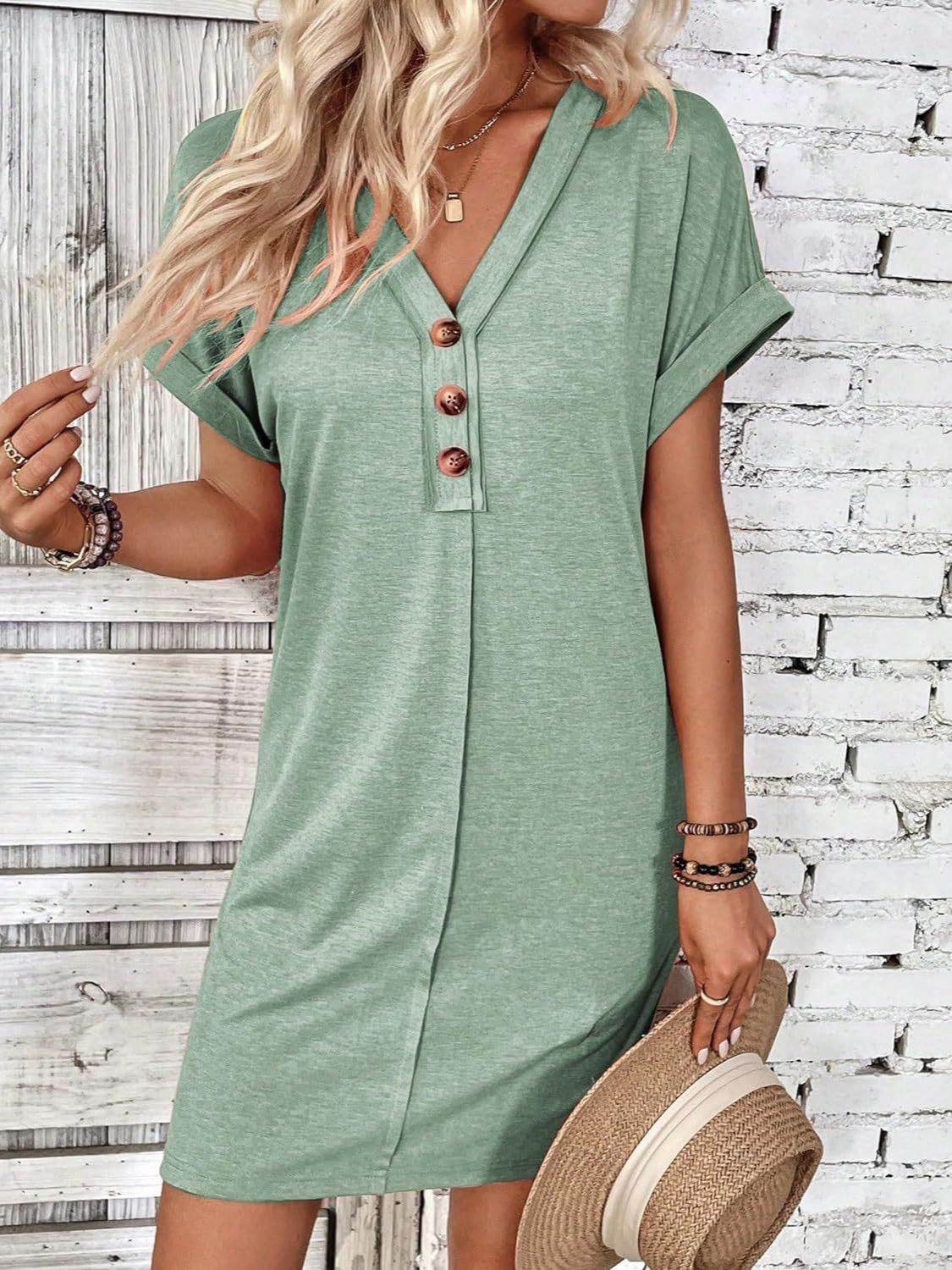 Quarter Button V-Neck Short Sleeve Dress - UnLaced Boutique