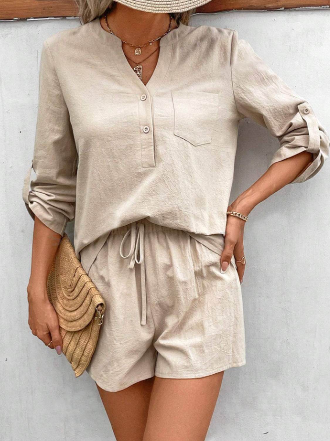 Notched Long Sleeve Top and Shorts Set - UnLaced Boutique