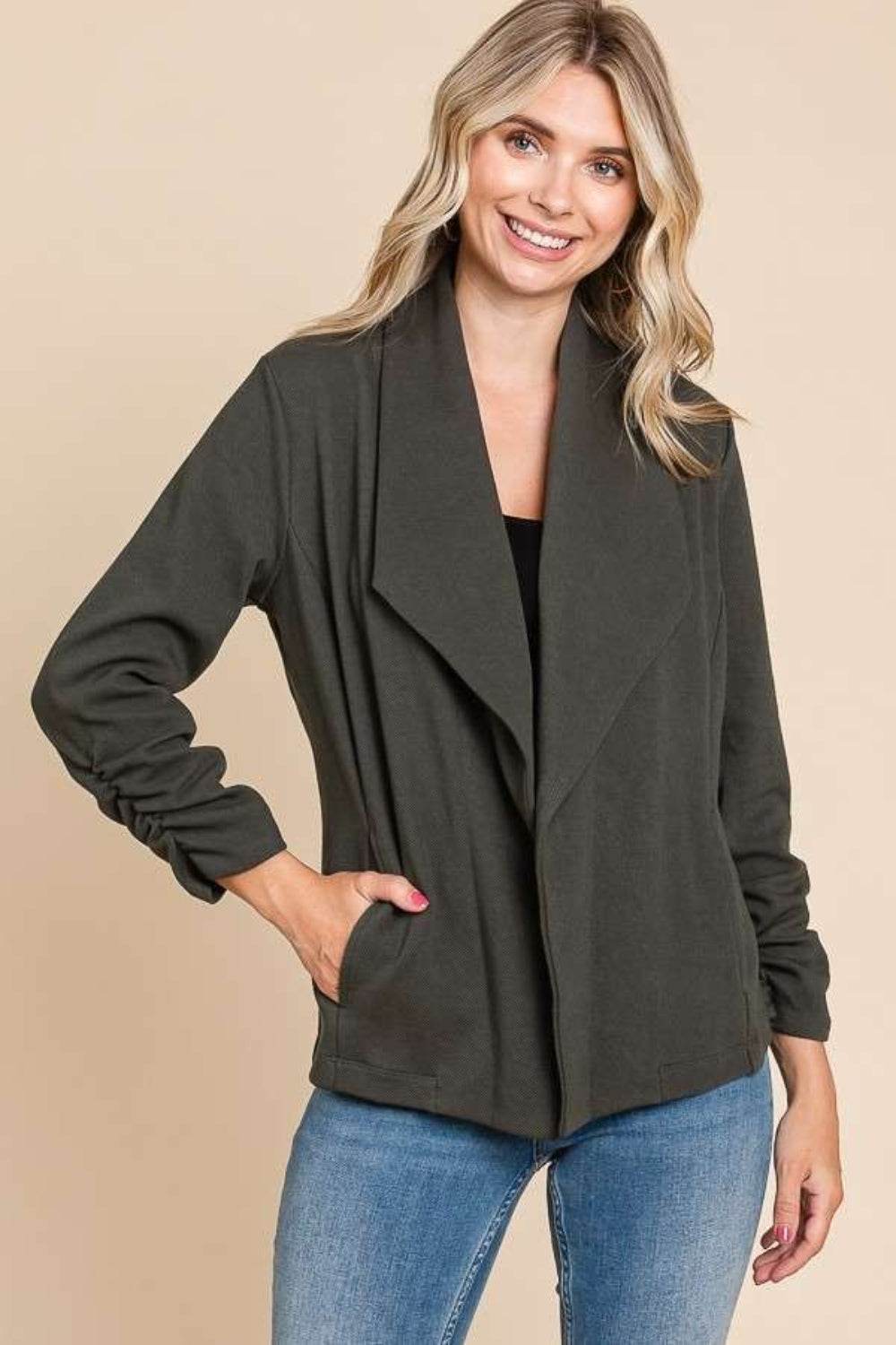 Culture Code Full Size Ruched Open Front Long Sleeve Jacket - UnLaced Boutique