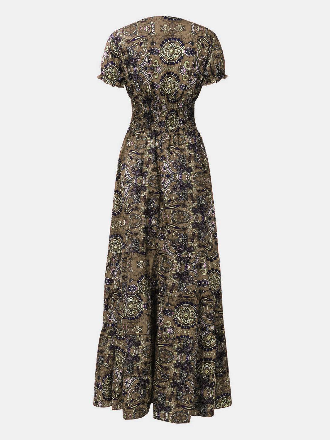 Full Size Smocked Printed V-Neck Short Sleeve Dress - UnLaced Boutique