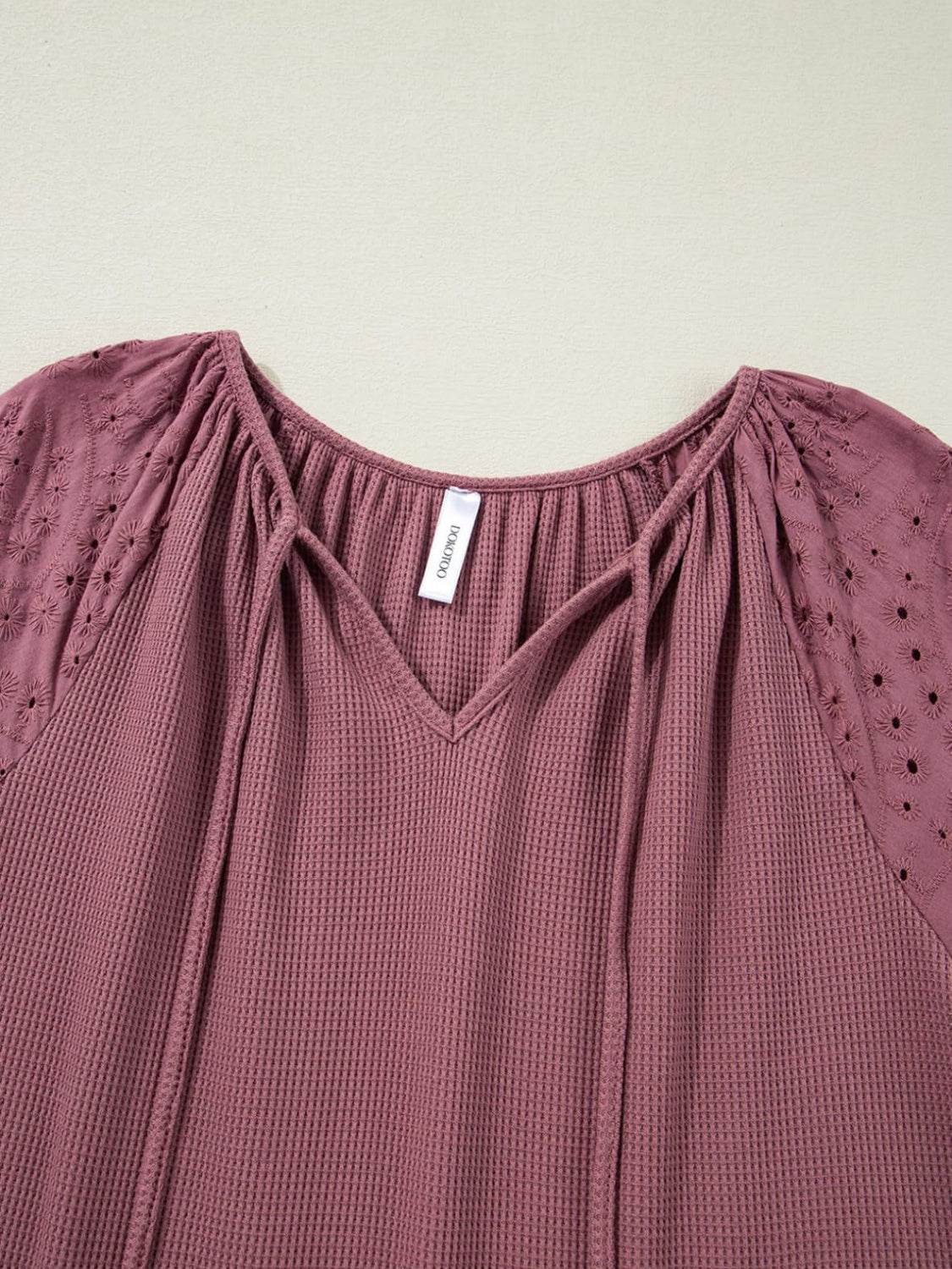 Eyelet Tie Neck Three-Quarter Sleeve Blouse - UnLaced Boutique