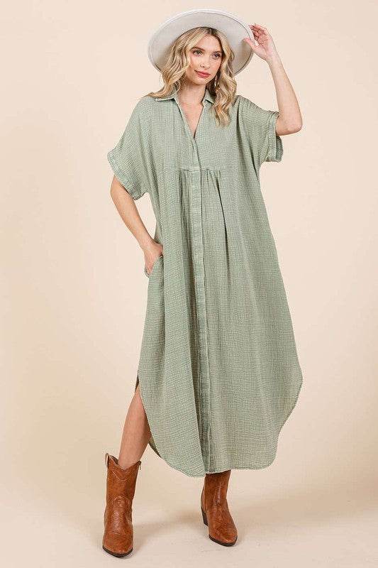 Mittoshop Mineral Wash V Neck Button Up Midi Shirt Dress - UnLaced Boutique
