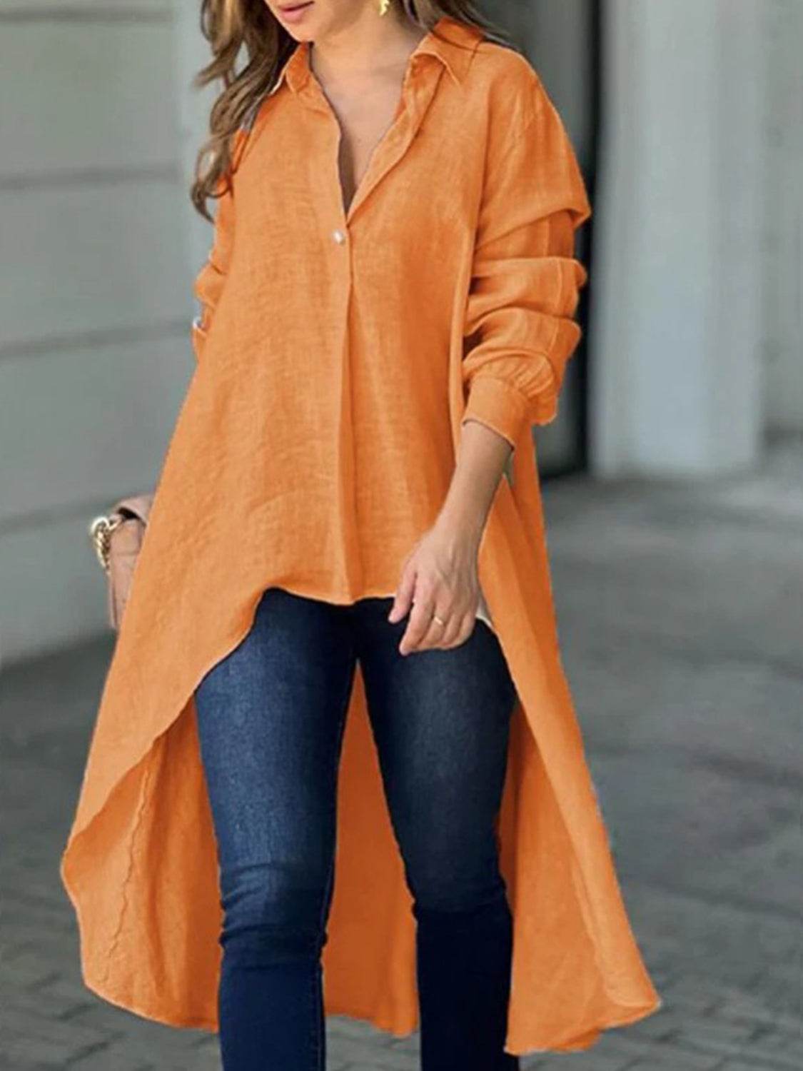 Full Size High-Low Collared Neck Long Sleeve Shirt - UnLaced Boutique