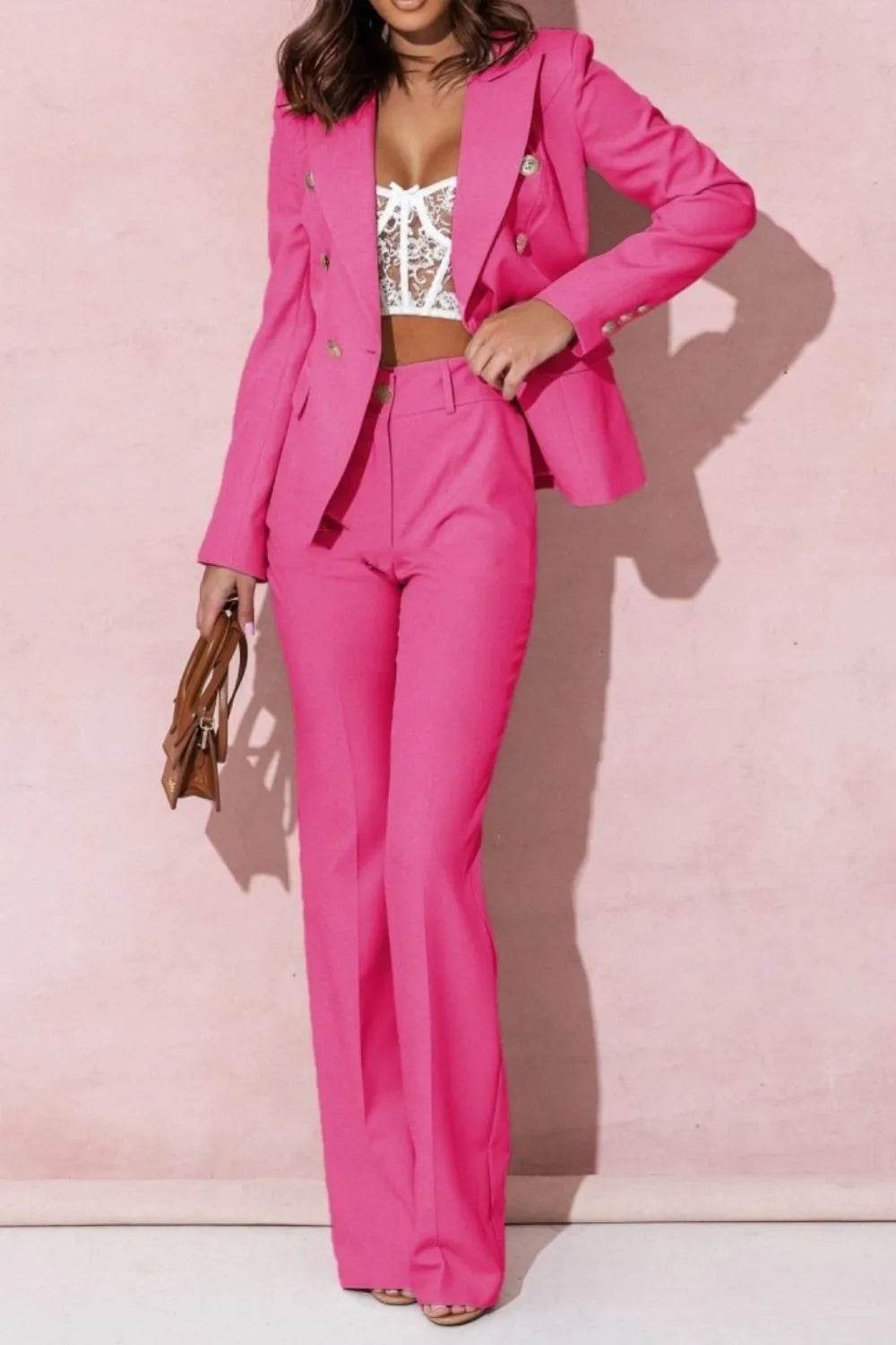 Full Size Lapel Collar Long Sleeve Blazer and Pants Set Plus Size - UnLaced Boutique