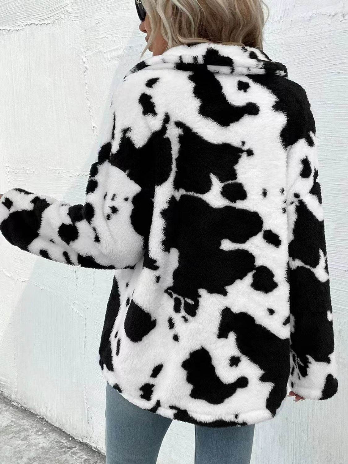 Cow Print Collared Neck Button Up Fuzzy Jacket - UnLaced Boutique