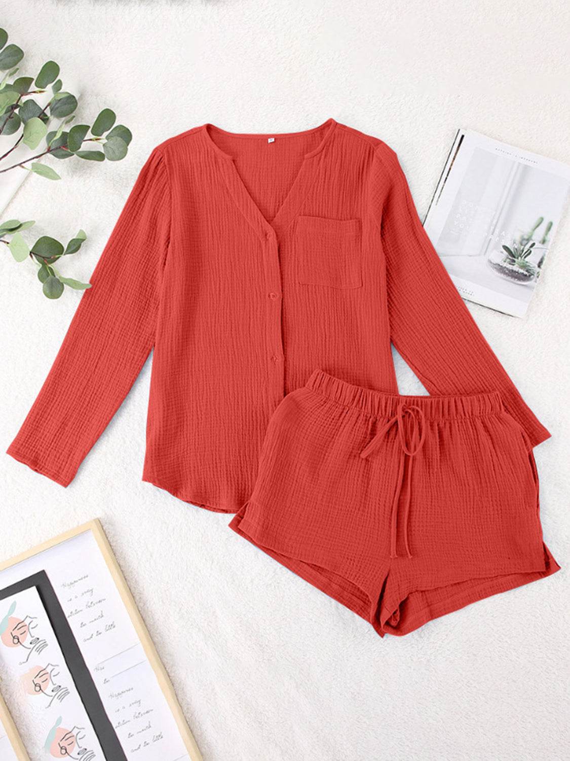 Notched Long Sleeve Top and Shorts Set - UnLaced Boutique