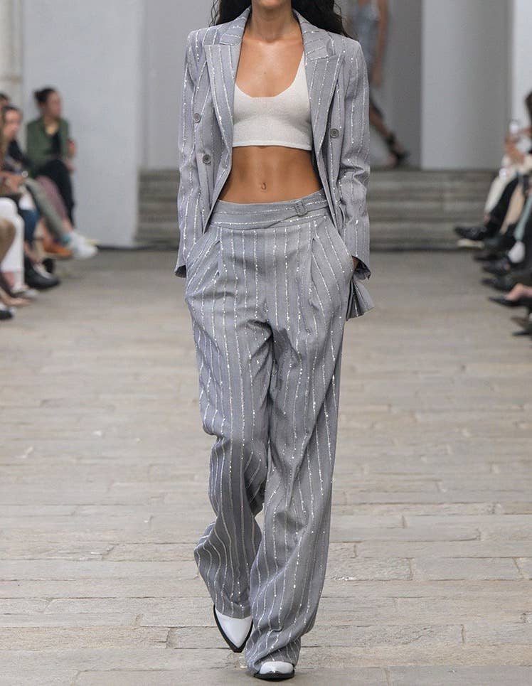 Grey Handmade Hot Diamond Double-Breasted Suit Set
