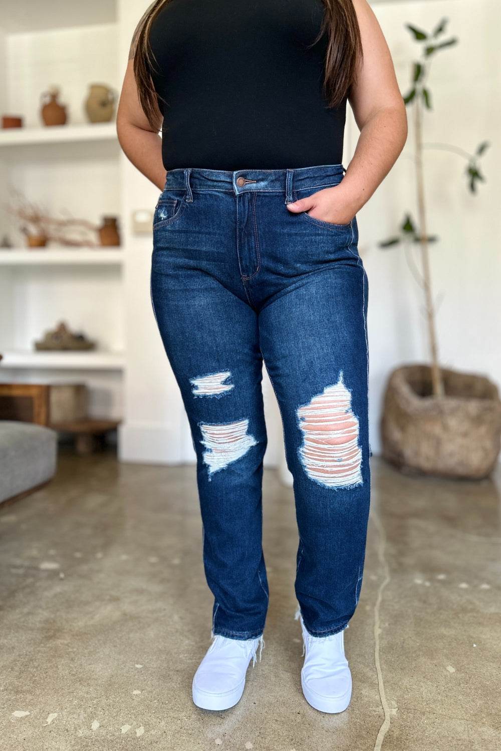 Judy Blue Full Size High Waist Rigid Magic Heavy Destroy Straight Jeans - UnLaced Boutique