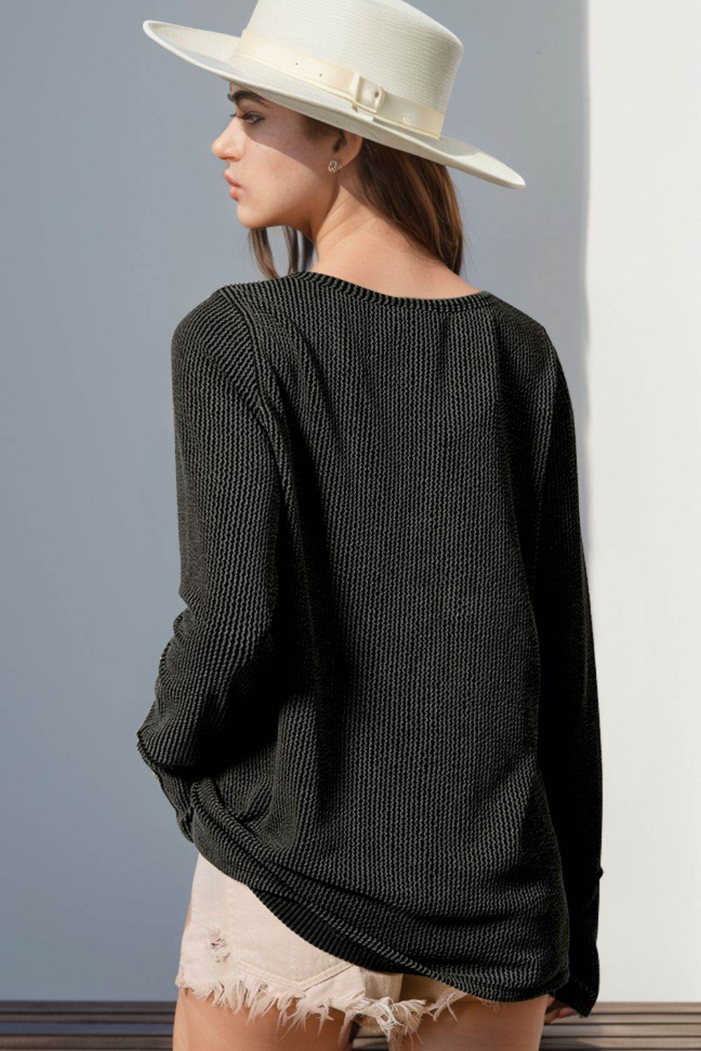 Double Take Full Size Notched Thumbhole Long Sleeve T-Shirt - UnLaced Boutique