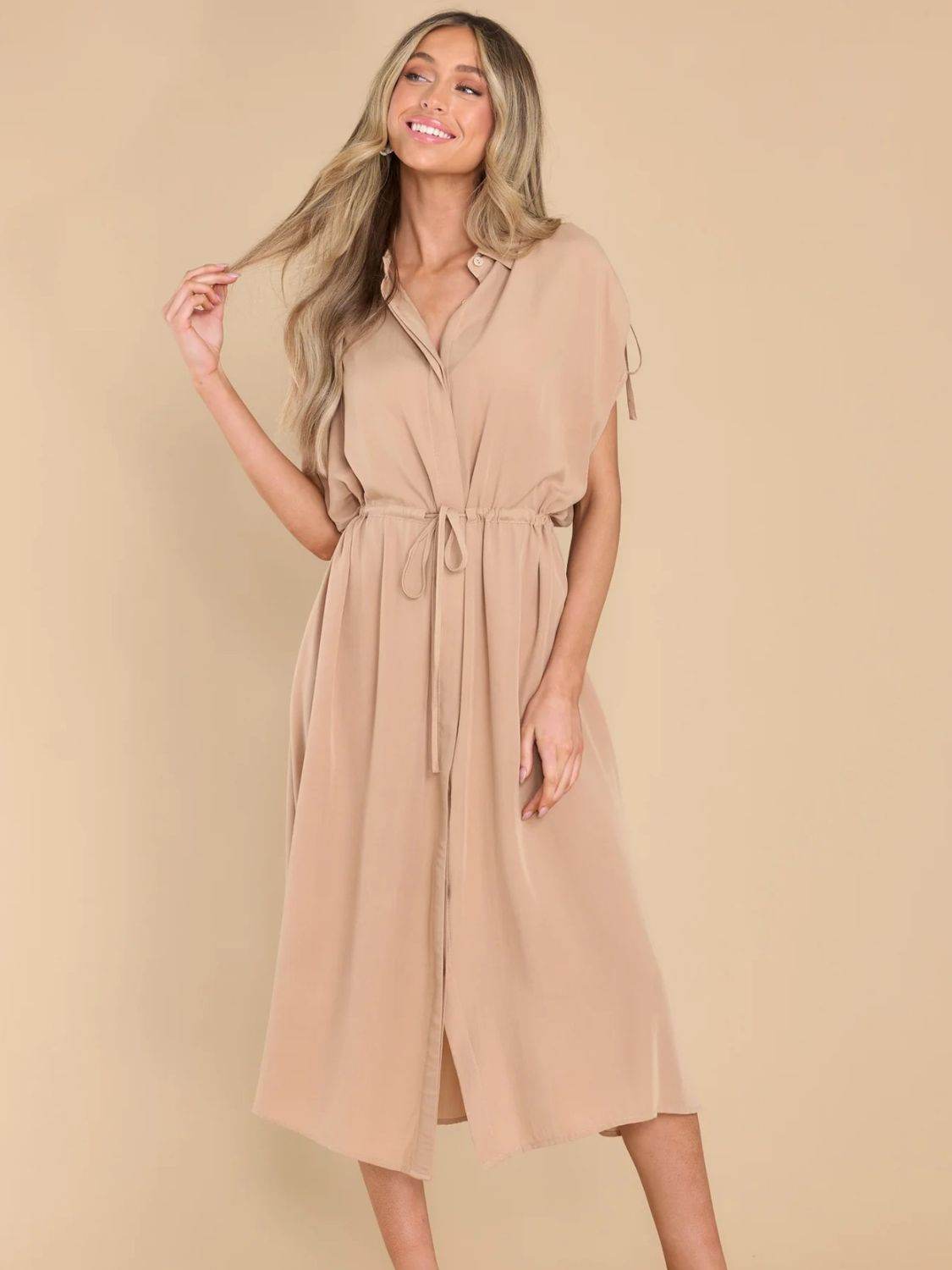 Drawstring Collared Neck Short Sleeve Midi Dress - UnLaced Boutique