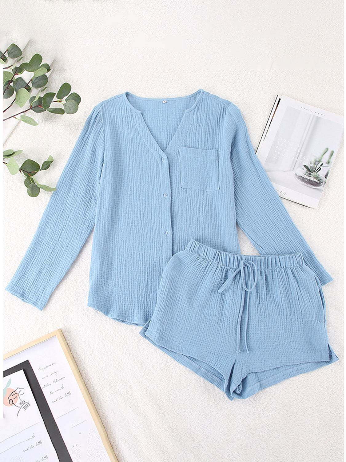 Notched Long Sleeve Top and Shorts Set - UnLaced Boutique