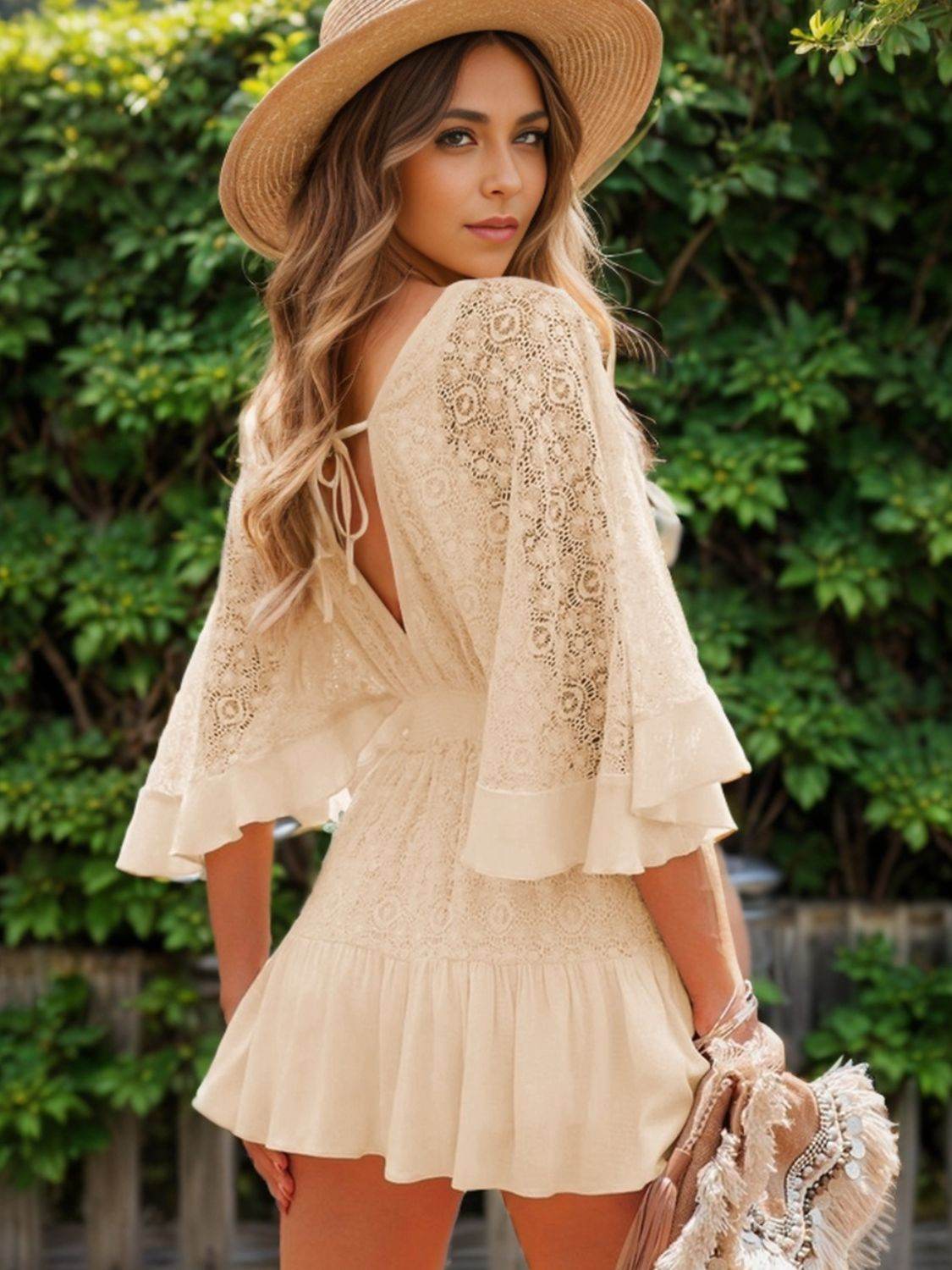 Ruffle Hem Tie Back Lace Mini Dress - UnLaced Boutique