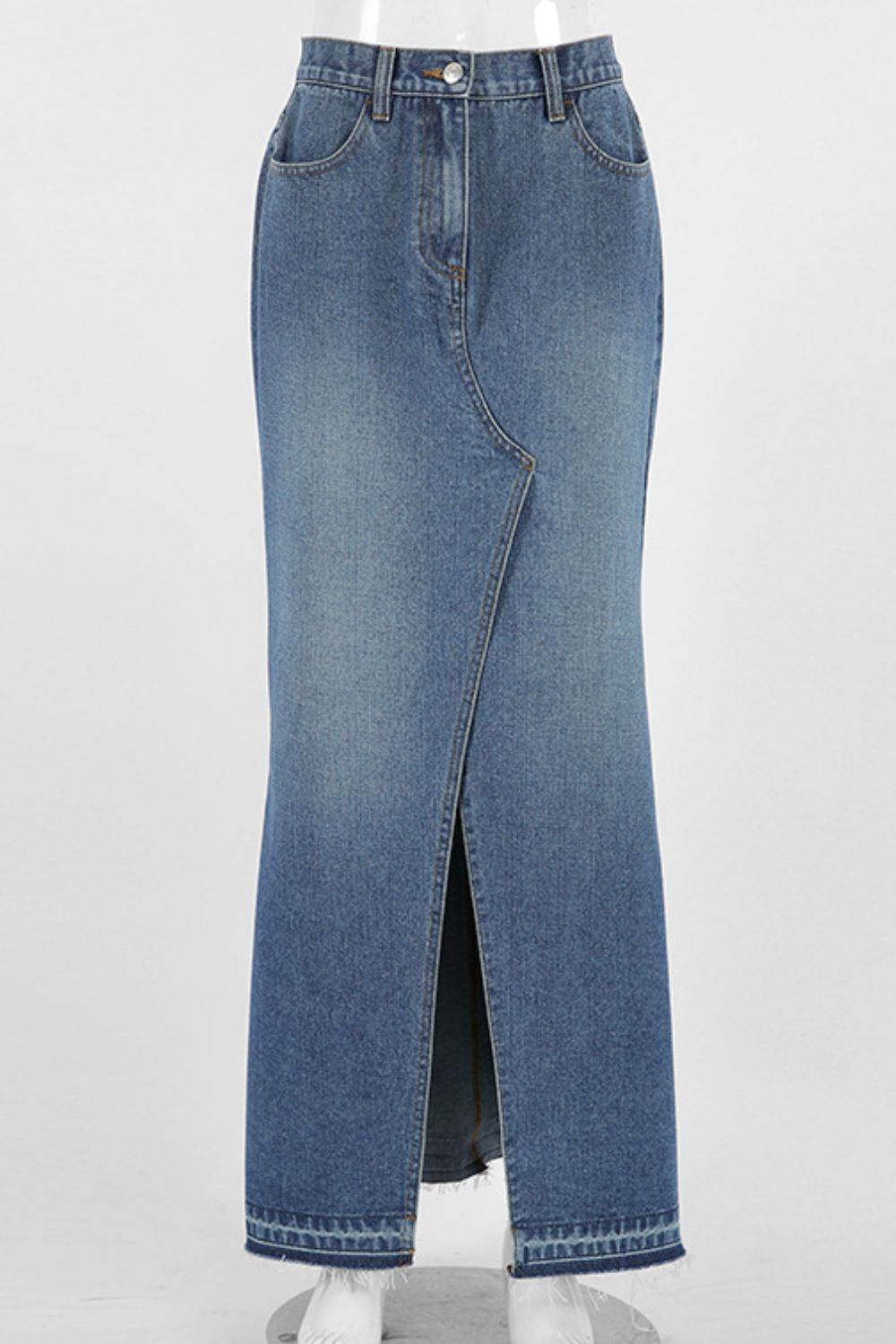 Slit Front Raw Hem Denim Maxi Skirt - UnLaced Boutique