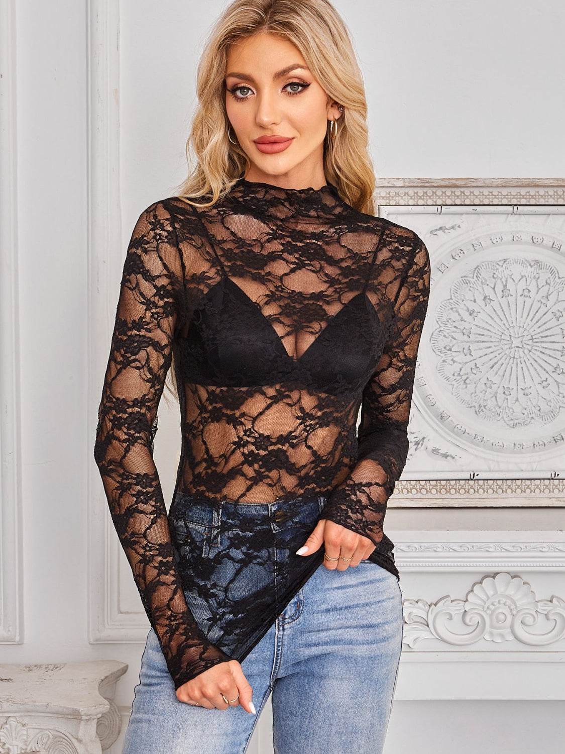 Mock Neck Long Sleeve Lace Sheer Top - UnLaced Boutique