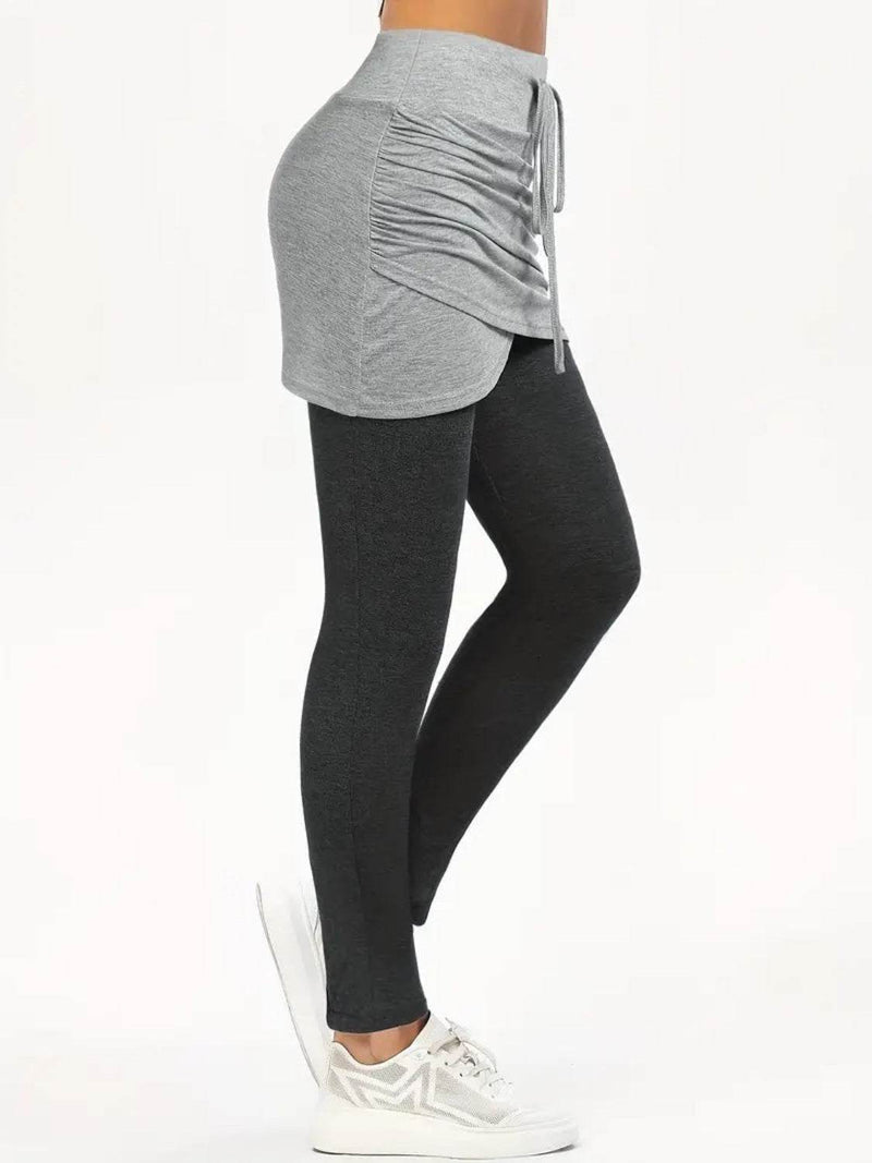 Drawstring Fake Two Pieces Active Leggings with Ruched Skirt - UnLaced Boutique