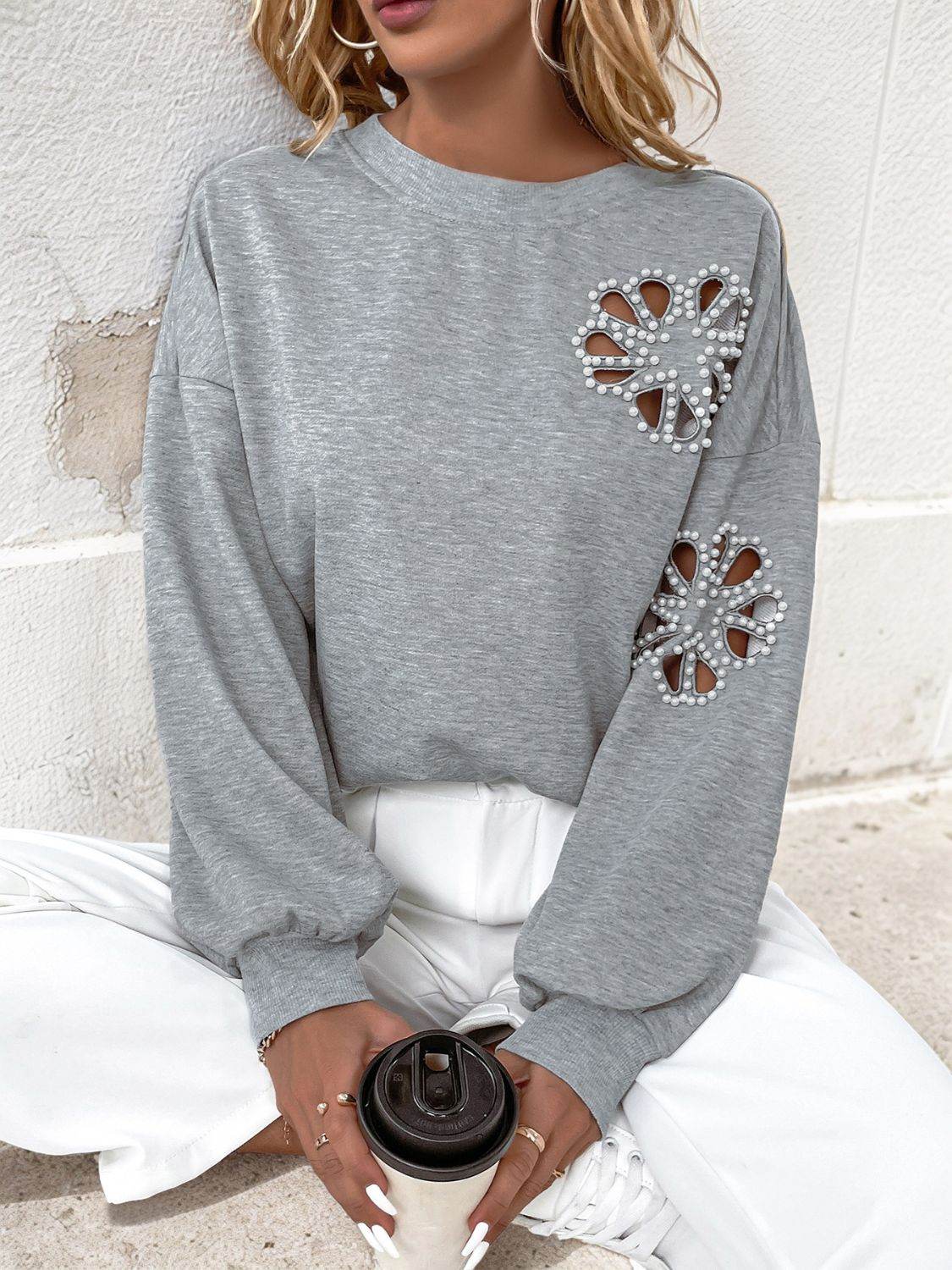 Perfee Cutout Pearl Round Neck Long Sleeve Sweatshirt - UnLaced Boutique