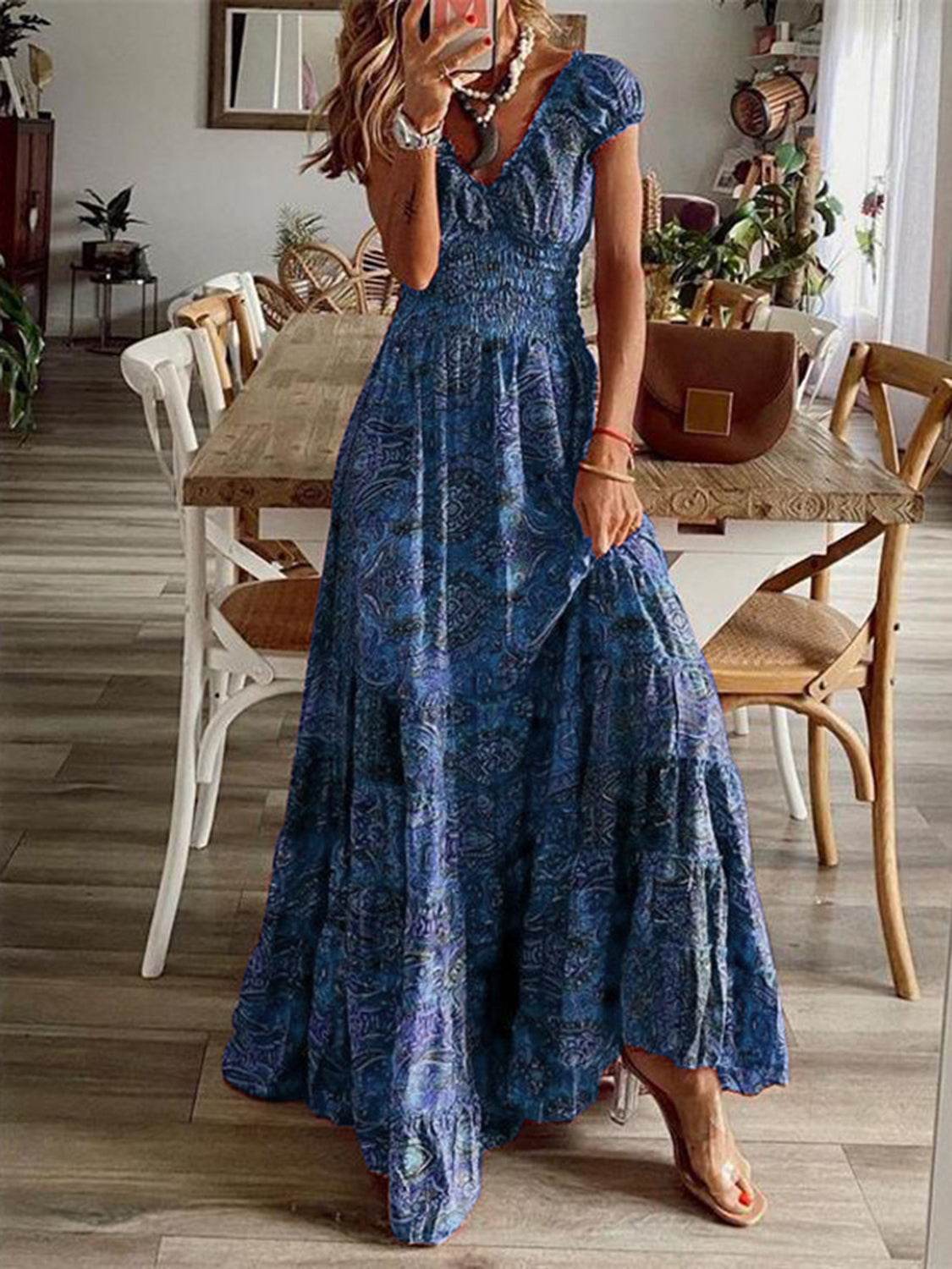 Full Size Smocked Printed V-Neck Short Sleeve Dress - UnLaced Boutique