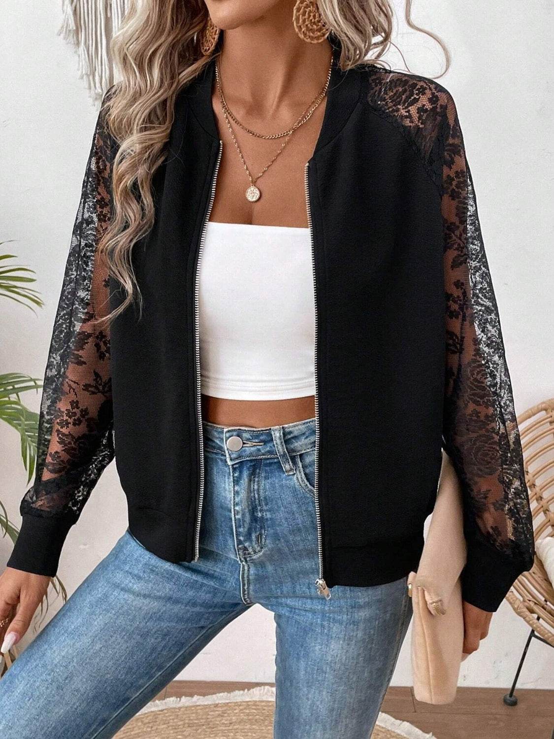 Lace Baseball Collar Zip Up Jacket - UnLaced Boutique