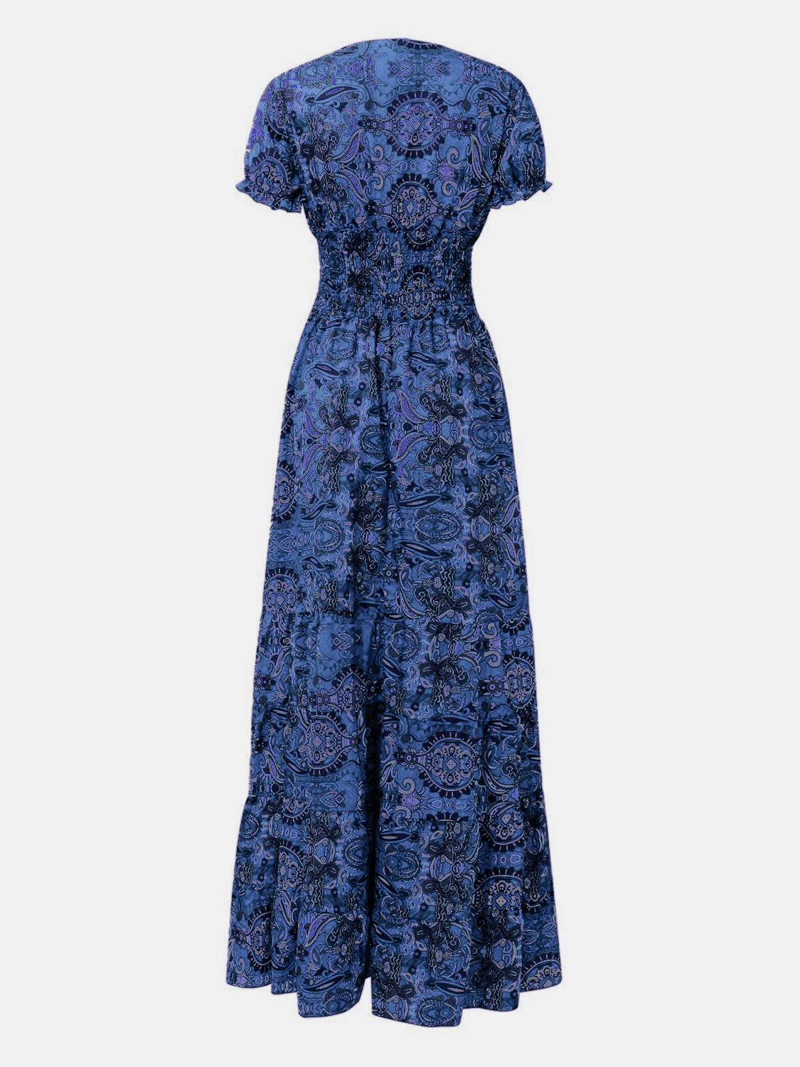 Full Size Smocked Printed V-Neck Short Sleeve Dress - UnLaced Boutique
