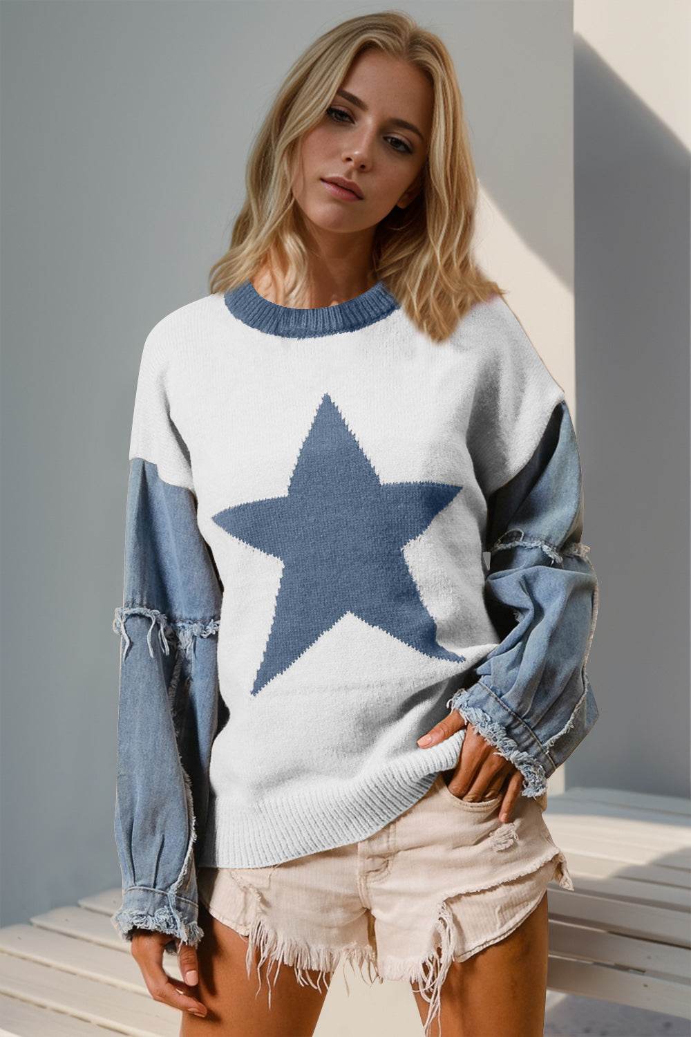 Double Take Full Size Star Pattern Raw Edge Long Sleeve Sweater - UnLaced Boutique