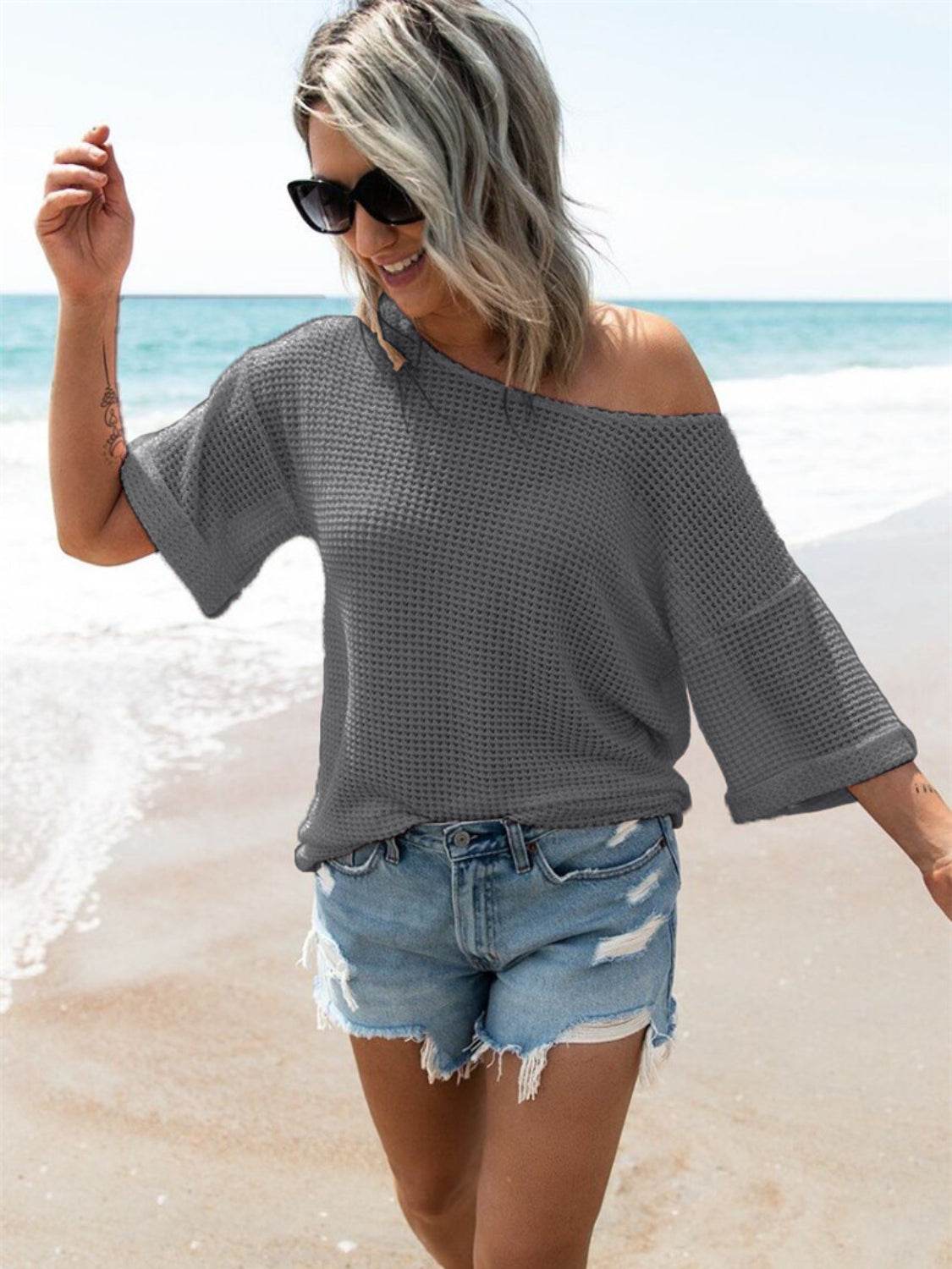 Waffle Knit Boat Neck Half Sleeve T-Shirt - UnLaced Boutique
