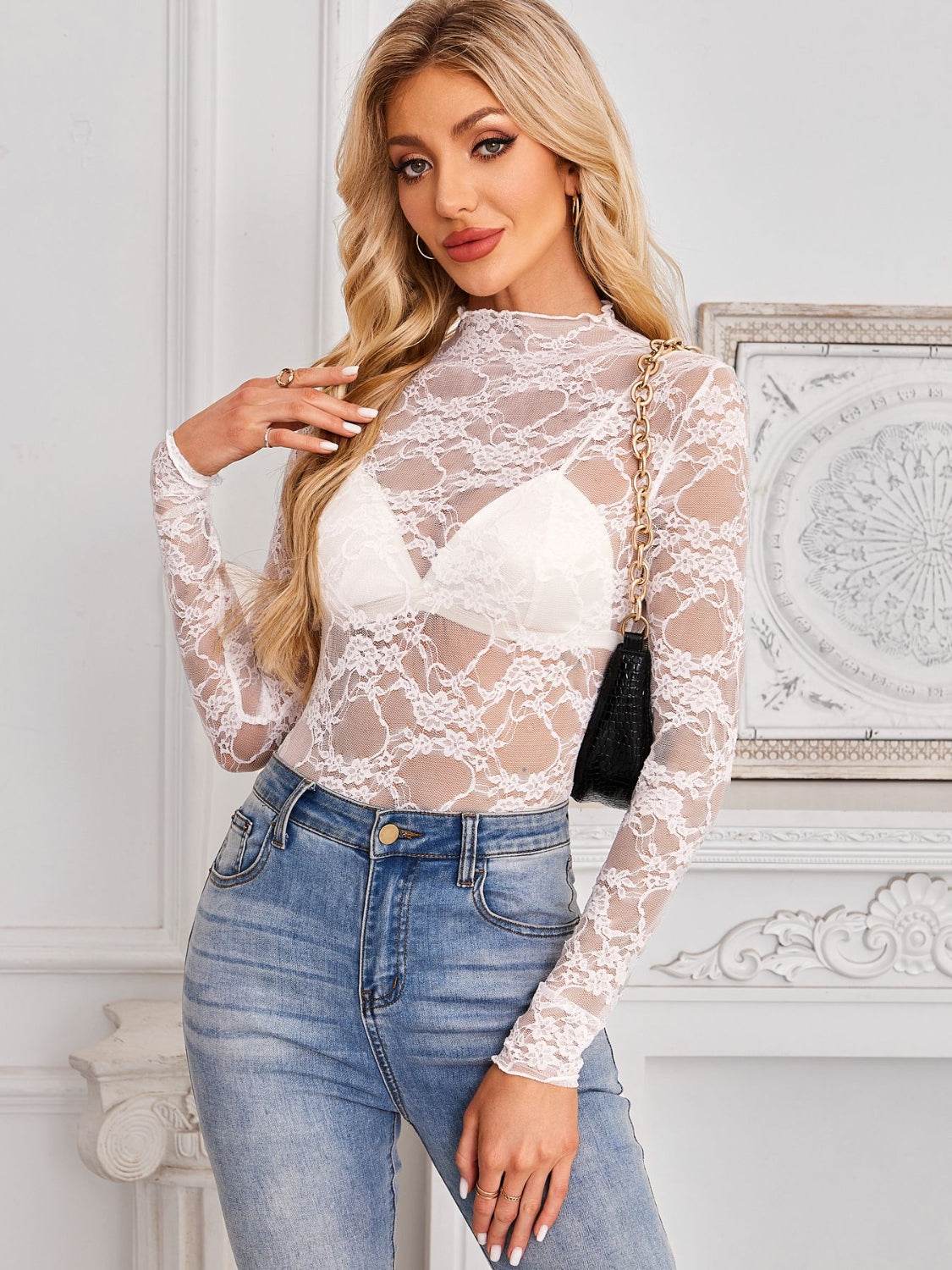 Mock Neck Long Sleeve Lace Sheer Top - UnLaced Boutique