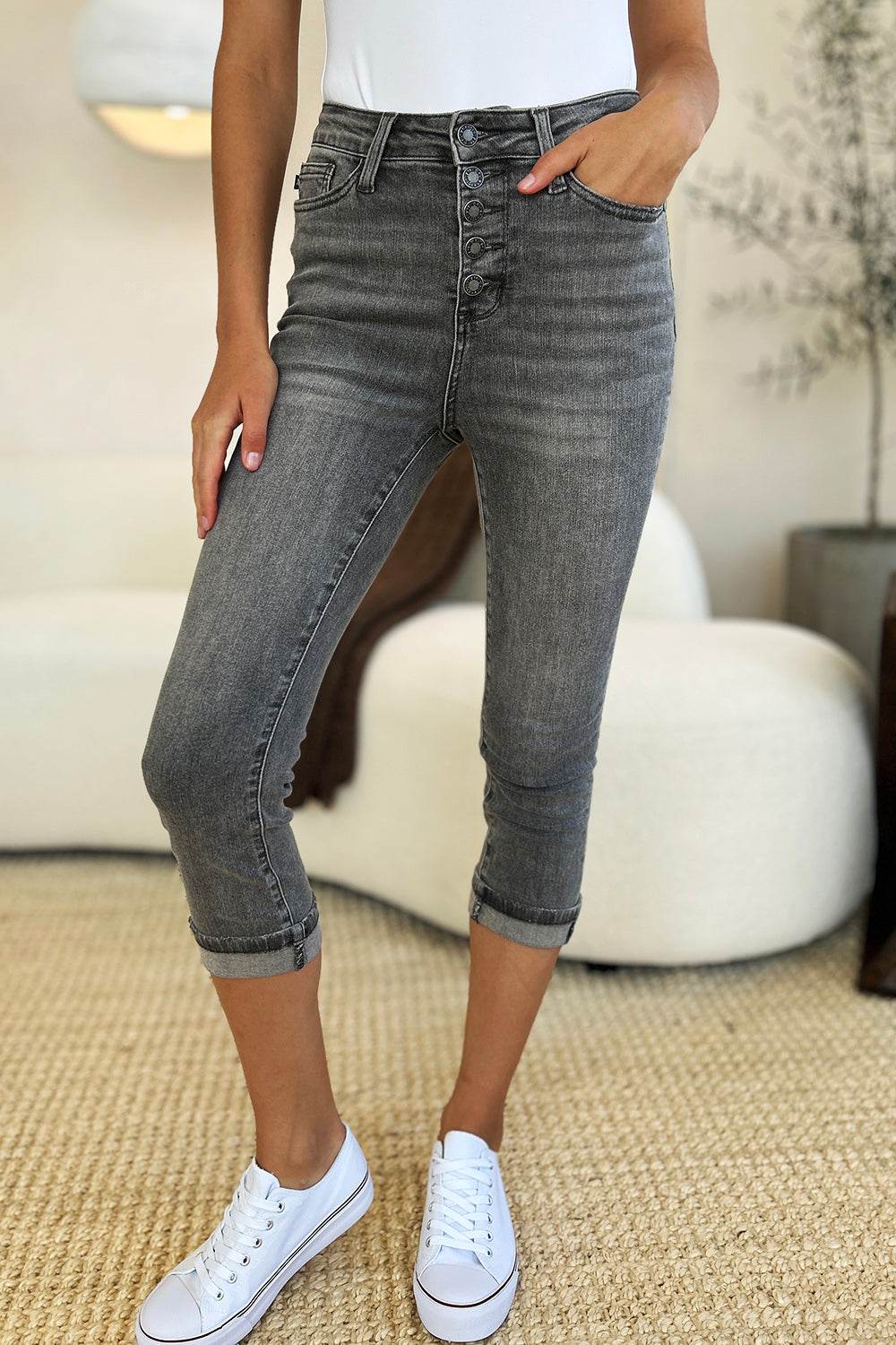 Judy Blue Full Size Button Fly High Waist Cuffed Capris - UnLaced Boutique