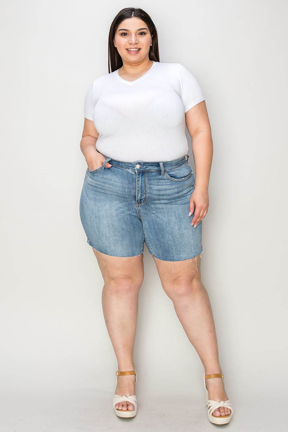 Judy Blue Full Size High Waist Raw Hem Denim Shorts - UnLaced Boutique
