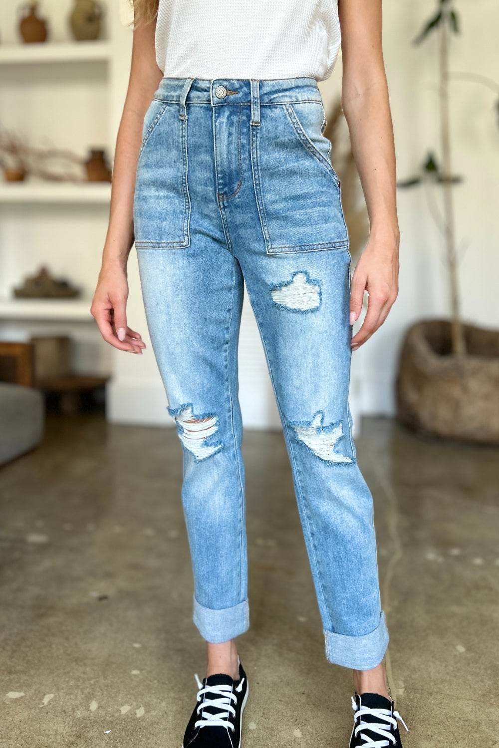 Judy Blue Full Size Distressed Straight Jeans with Patch Pockets - UnLaced Boutique