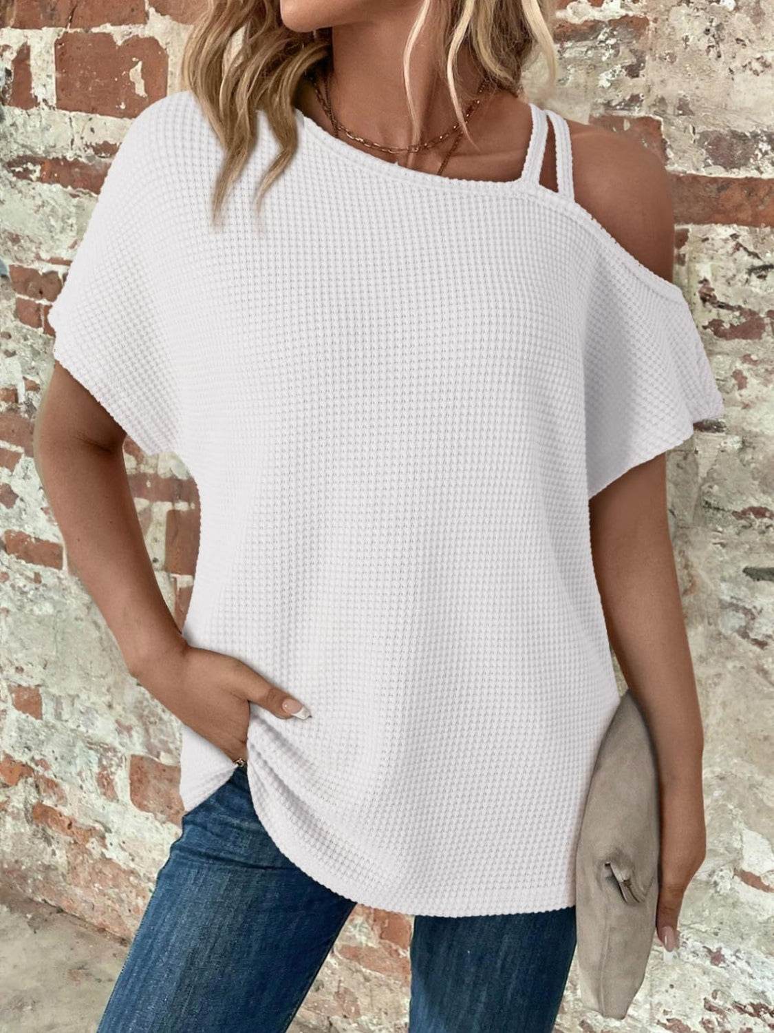 Asymmetrical Neck Short Sleeve T-Shirt - UnLaced Boutique