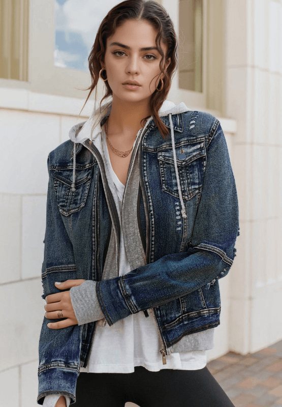 Fake Two-Piece Hooded Zip-Up Denim Jacket - UnLaced Boutique