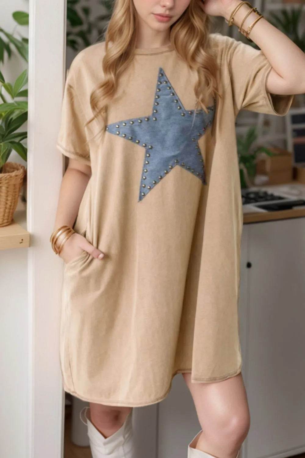 Mineral Wash Stud Beaded Star Pocketed T Shirt Dress - UnLaced Boutique