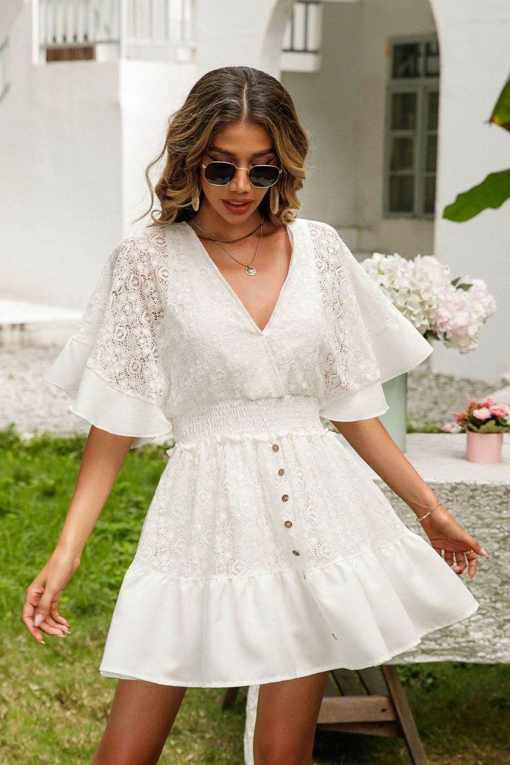 Lace Cutout Surplice Half Sleeve Dress - UnLaced Boutique