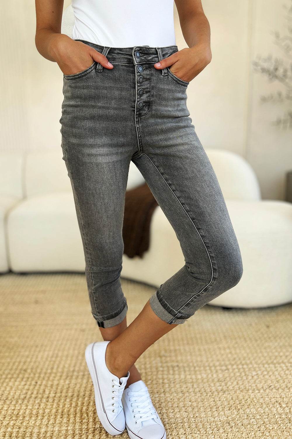Judy Blue Full Size Button Fly High Waist Cuffed Capris - UnLaced Boutique