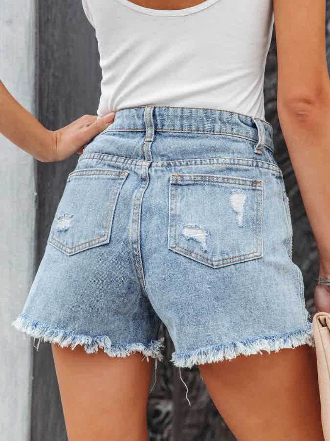 Distressed Fringe Denim Shorts with Pockets - UnLaced Boutique
