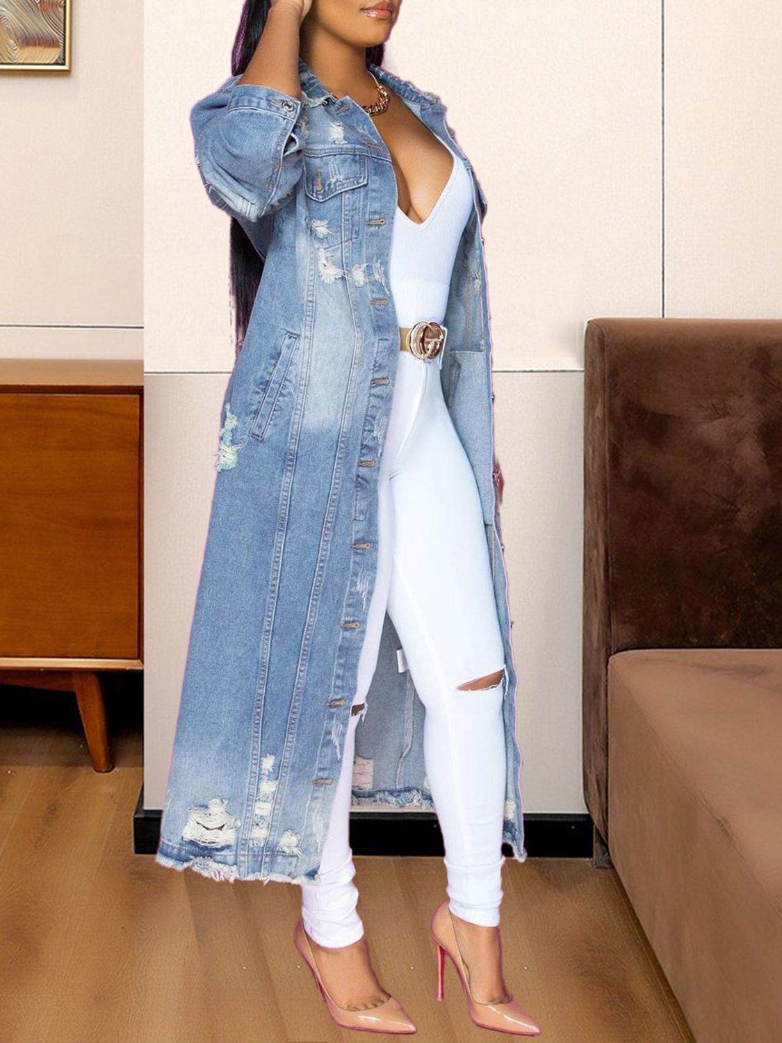 Long Sleeve Raw Hem Denim Jacket - UnLaced Boutique